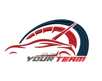 May include: A red and blue stylized logo of a car with a speedometer needle pointing to the right. The text "YOUR TEAM" is below the logo.