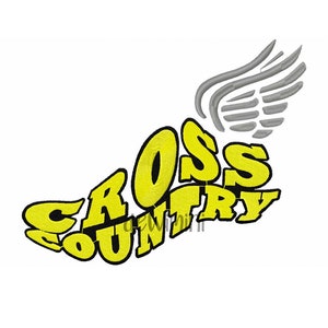 May include: Yellow and black graphic design of a running shoe with the words "CROSS COUNTRY" and a grey wing.