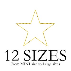 May include: A gold-colored star outline centered above the black text 12 SIZES and the smaller text From MINI size to Large sizes. The star features a thin, continuous border and is positioned against a plain, solid white background.