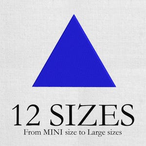 May include: A vibrant blue triangle is centered on a white background. Below the triangle, the text reads "12 SIZES" followed by "From MINI size to Large sizes". The image suggests a product available in multiple sizes.