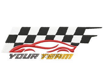 May include: Embroidered design featuring a red race car silhouette, a black and white checkered flag, and the text "YOUR TEAM" in gray and gold. The design is likely for apparel or accessories.