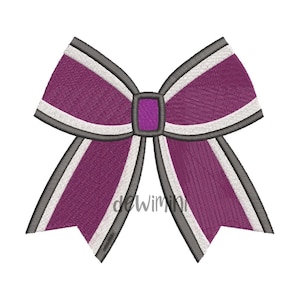 May include: Embroidered bow design in shades of purple, white, and gray. The bow features a central knot and two symmetrical loops, with a white stripe and gray border. The design is suitable for various craft projects.