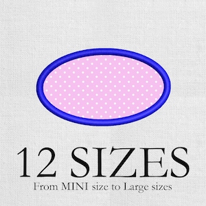 Puede incluir: Un diseño ovalado con un borde azul y un interior rosa lleno de lunares blancos. El texto "12 SIZES" se muestra debajo del óvalo, con el texto "From MINI size to Large sizes" debajo.