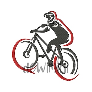 Könnte beinhalten: Eine schwarze Silhouette einer Person, die ein Mountainbike fährt, mit roten Umrissen um die Reifen.