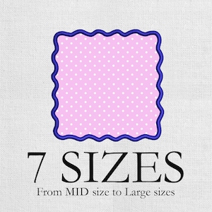 May include: A pink square with white polka dots and a wavy blue border. The text "7 SIZES" is below the square, with "From MID size to Large sizes" underneath.