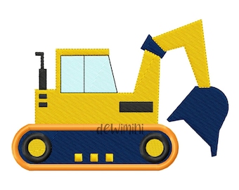 Puede incluir: Un juguete excavador amarillo con una pala azul y detalles negros. El excavador tiene una oruga azul con ruedas amarillas.