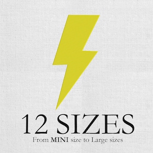May include: A yellow lightning bolt design on a white background. The text below reads "12 SIZES" and "From MINI size to Large sizes". The design is likely for a patch, sticker, or embroidery.