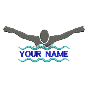 Pode incluir: Uma silhueta cinza de um nadador em um design de ondas azul e turquesa com o texto "YOUR NAME" em azul.