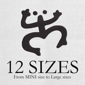 May include: Black embroidered figure with arms raised and legs bent, on a white fabric background. The text "12 SIZES" is below the figure, with "From MINI size to Large sizes" underneath.