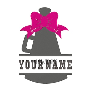 May include: A gray megaphone with a pink bow on top. The megaphone has the text "YOUR NAME" on a banner below it.