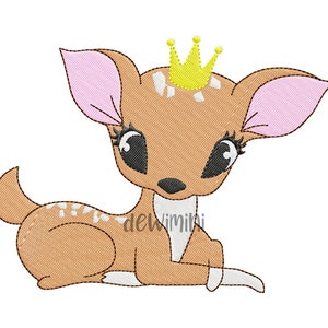 May include: A brown and white deer with pink ears and large black eyes wearing a yellow crown. The deer is lying down with its head turned to the side.