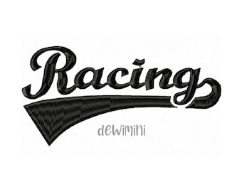 May include: Black and white embroidered design of the word "Racing" with a curved line underneath. The word "deWimini" is written in smaller letters below the design.