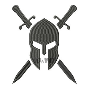 May include: An embroidered design of a Spartan helmet and two crossed swords. The helmet is in the centre, with the swords diagonally positioned. The design is in shades of grey, creating a textured effect.