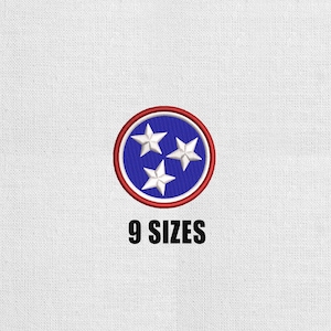 May include: A circular embroidered patch featuring a blue center with three white stars arranged in a triangle, surrounded by a white border and a red outer ring. The text 9 SIZES is printed in black capital letters directly below the patch.