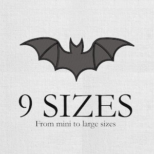 May include: A dark gray bat design with a detailed wing pattern is centered on a white background. The text "9 SIZES" is below the bat, with "From mini to large sizes" underneath.