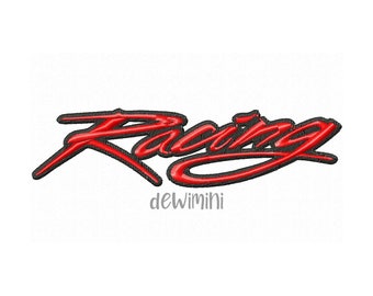 May include: Red "Racing" text with a black outline and a 3D effect. The text is stylized with a bold, cursive font. The text is on a white background. The text "deWimini" is below the word "Racing".