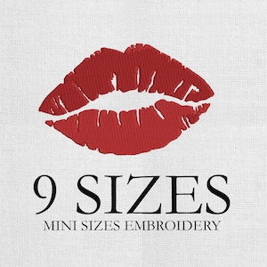 May include: A red embroidered lip print on a white background. The text "9 SIZES" is below the lip print, with "MINI SIZES EMBROIDERY" underneath. The image is a close-up of the embroidery.