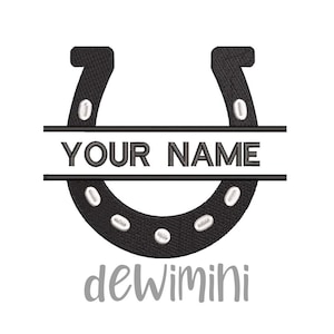 Puede incluir: Herradura negra con detalles blancos y una línea horizontal con el texto "YOUR NAME" en negro. El texto "dewimini" está debajo de la herradura en gris.