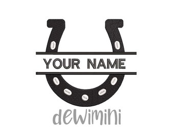 HorseShoe split name embroidery design, Split Horseshoe Name Frame Embroidery Machine Designs, Horseshoe Embroidery Machine Designs, 4 Sizes