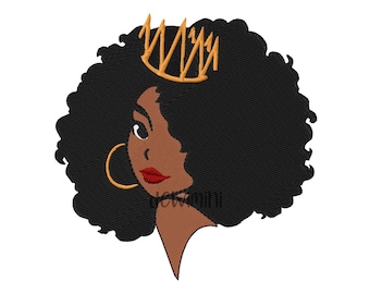Diseño de bordado de rostro afro de reina, diseño de bordado de mujer africana con sombrero, diseño de bordado a máquina, 5 tamaños, descarga instantánea