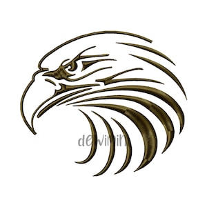 Może przedstawiać: Stylizowana ilustracja głowy orła w kolorze brązowym, z detalicznym okiem i dziobem.