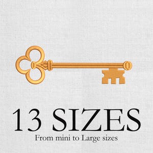 May include: A gold-colored key with a decorative handle and a key bit. The text "13 SIZES" is displayed below the key, with the text "From mini to Large sizes" underneath. The key is set against a white, textured background.