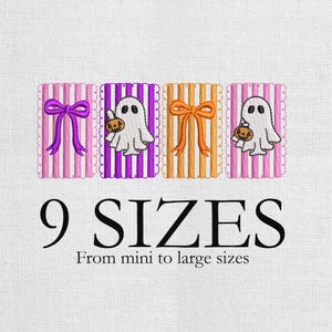 May include: Embroidered Halloween designs featuring ghosts, bows, and striped backgrounds in pink, purple, and orange. The text "9 SIZES" and "From mini to large sizes" is displayed below the designs. These designs are suitable for various crafting projects.