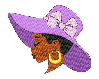 Diseño de bordado de rostro de mujer afro, diseño de bordado de rostro de mujer con sombrero afro, diseño de bordado de mujer africana con sombrero, bordado a máquina, 5 tamaños