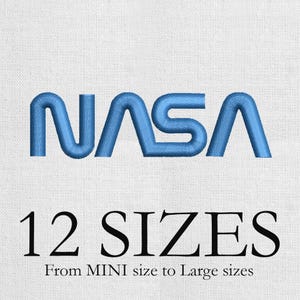May include: Embroidered blue NASA logo with the text "12 SIZES" and "From MINI size to Large sizes" on a white fabric background. The NASA logo is in a bold, stylized font.
