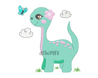 Urocze wzory do haftu z dinozaurami, wzory do haftu z dinozaurami, wzory do haftu z dinozaurami i motylami, plik do haftu dla dziewczynek, 5 rozmiarów