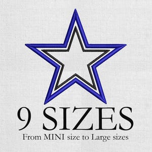 May include: Embroidered blue star design with a black outline on a white background. The text "9 SIZES" is below the star, with "From MINI size to Large sizes" underneath.