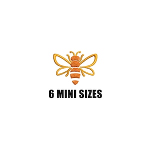 May include: An orange and yellow embroidered bee design featuring a textured body and outlined wings. Below the bee, the text 6 MINI SIZES is printed in a bold, black, sans-serif font. The entire graphic is centered against a plain white background.