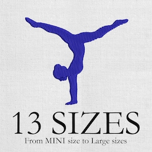 May include: A blue embroidered gymnast in a handstand pose on a white background. Below the gymnast, the text reads "13 SIZES" and "From MINI size to Large sizes".