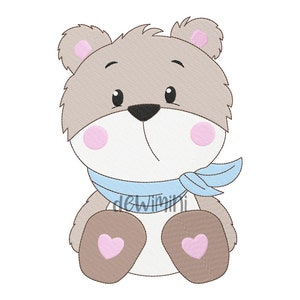 May include: A brown teddy bear with a blue scarf and pink hearts on its feet. The bear is sitting with its legs crossed.