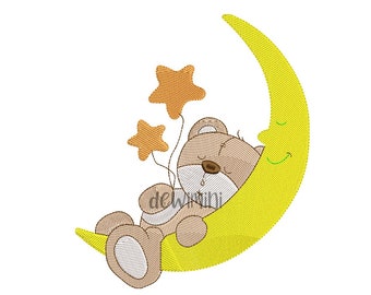 Moon Bear Embroidery Design, Baby Bear, Stars (Digital Download)