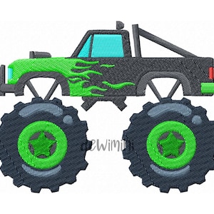 May include: Green and black monster truck with large tyres and flames on the side.