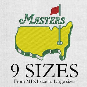 May include: Embroidered design featuring the word "Masters" in green script above a yellow outline of a map with a green border. A red flag waves atop a green pole. The text "9 SIZES" is below the map, with "From MINI size to Large sizes" underneath.