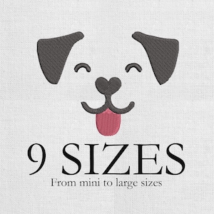 May include: Embroidered dog face design with black ears, eyes, nose, and a pink tongue. The text "9 SIZES" is displayed below the dog face, with the text "From mini to large sizes" underneath.