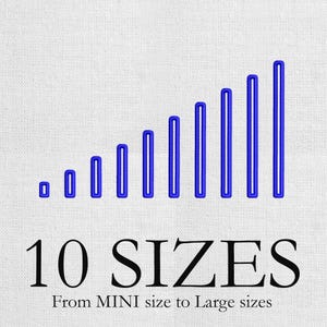May include: Blue vertical bars of varying heights, increasing from left to right, on a white background. Below the bars, the text reads "10 SIZES" and "From MINI size to Large sizes".