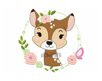 May include: A cute cartoon fawn with brown fur and pink cheeks is wearing a floral wreath with pink flowers and green leaves. A pink butterfly is flying near a pink flower in the wreath. The fawn is surrounded by a green circle with white dots.