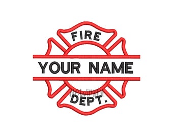Fire fighter split name embroidery design, Fire Department Machine Embroidery, Maltese Cross Fire Dept Embroidery, 4 Sizes