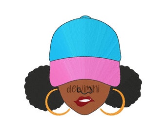 Diseño de bordado de mujer afro, diseño de bordado de rostro de mujer afro, diseño de bordado de mujer africana con sombrero 102, 5 tamaños