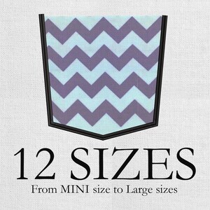 May include: A pocket design with a black outline, filled with a purple and white chevron pattern. The text "12 SIZES" is below the pocket, with "From MINI size to Large sizes" underneath.