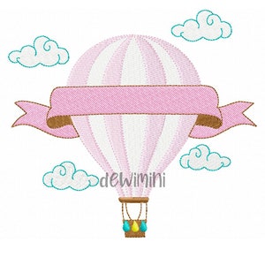 May include: A pink and white striped hot air balloon with a pink banner. The balloon has a brown basket with blue and yellow raindrops hanging from it. There are white clouds with blue outlines around the balloon.