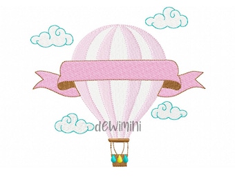 Hot Air Balloon Embroidery Design, Sky Clouds (Digital Download)