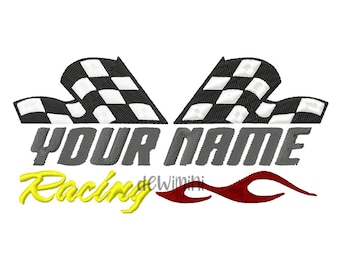 May include: Black and white checkered racing flags with the text "YOUR NAME Racing" in gray and yellow with a red flame design.
