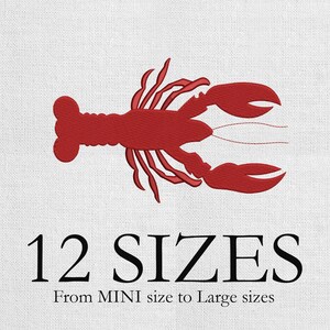 May include: A red embroidered lobster design on a white background. The text "12 SIZES" is below the lobster, with "From MINI size to Large sizes" underneath. Suitable for craft projects, the design offers multiple size options.