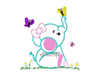 Diseño de bordado de aplique de elefante adorable, 5 tamaños (descarga digital)