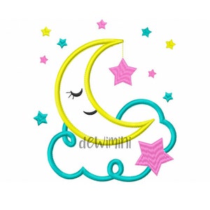May include: A yellow crescent moon with a smiling face and closed eyes is on a turquoise cloud with a pink star hanging from the moon. There are several other pink and yellow stars scattered around the moon and cloud.