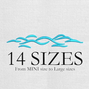 May include: A white background with a teal wave design at the top. Below the waves, the text reads "14 SIZES" in a bold, black font. Underneath, smaller text says "From MINI size to Large sizes."